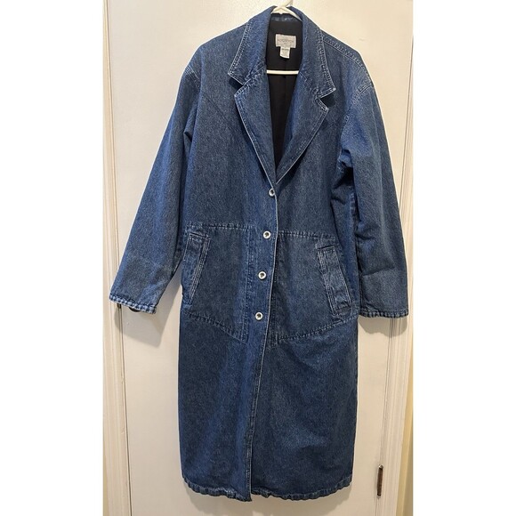 VTG 90's Nordstrom lined Denim Duster Long Jean Jacket XL Trench Coat Boho Retro - Picture 1 of 6